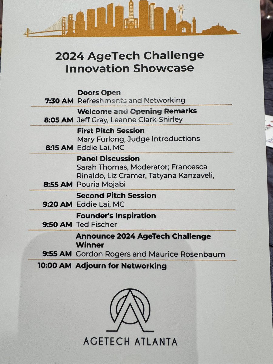 Here is the agenda for #onaging2024 #AgeTech Challenge Innovation Showcase 
Should I live tweet it?