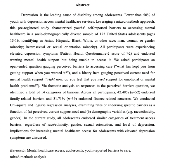 Jessica Schleider, PhD (@jschleiderphd) on Twitter photo New preprint led by all-star lab PhD student <a href="/caroulston/">Chantelle Roulston, BA</a>!
"My Family Won't Let Me": Adolescent-reported barriers to accessing mental health care
Among teens w/ depression symptoms who wanted but couldn't access care, 42.5% cited family-related barriers
osf.io/preprints/psya… New preprint led by all-star lab PhD student <a href="/caroulston/">Chantelle Roulston, BA</a>!
"My Family Won't Let Me": Adolescent-reported barriers to accessing mental health care
Among teens w/ depression symptoms who wanted but couldn't access care, 42.5% cited family-related barriers
osf.io/preprints/psya…