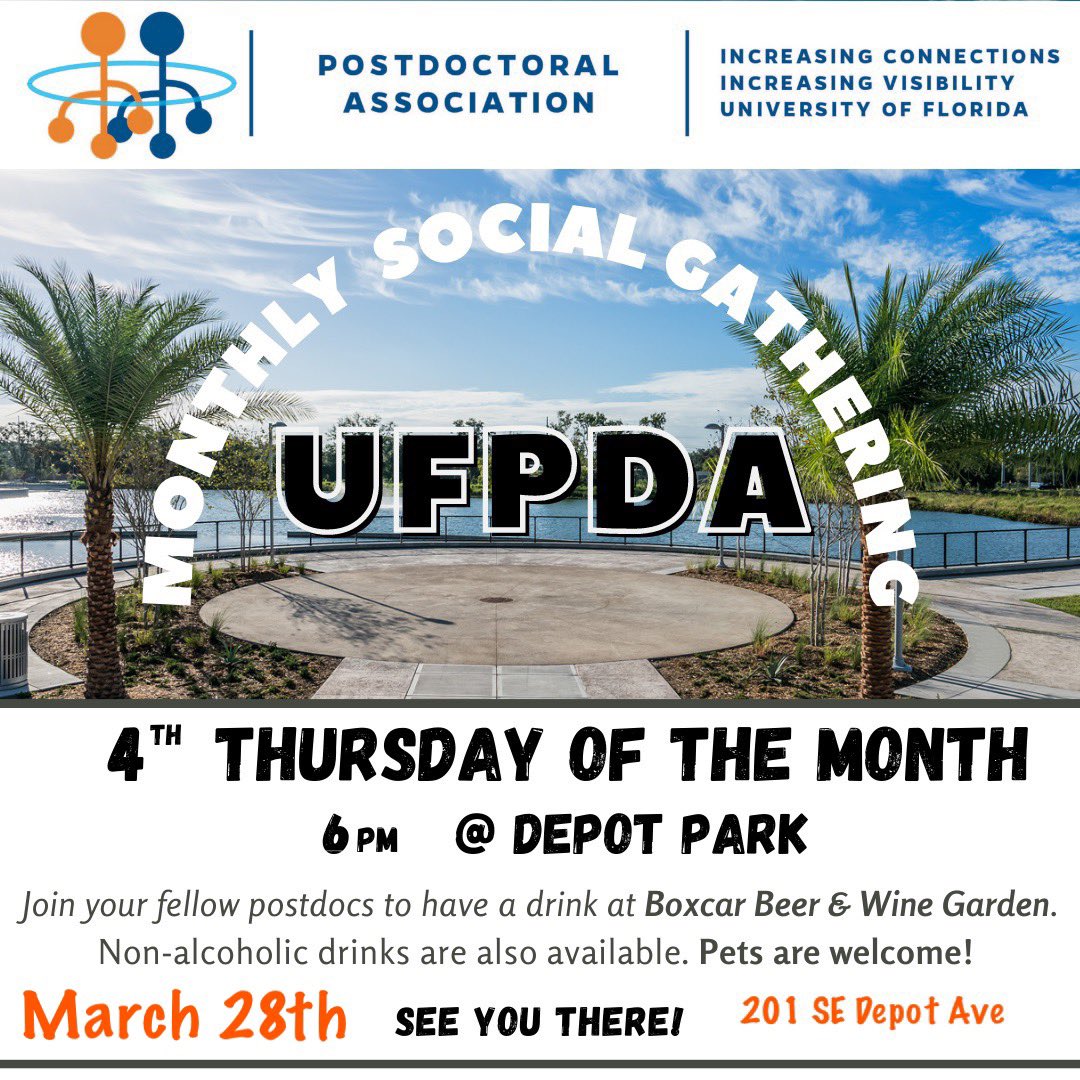 Tomorrow is our monthly social! Come welcome new postdocs to UF and catch up with old friends who work on the other side of campus :)