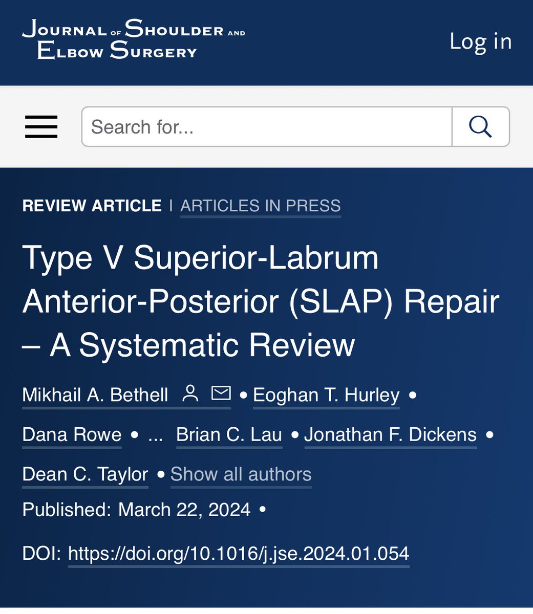 Mikhail Bethell, MS (@mikhail_bethell) on Twitter photo New publication in <a href="/JsesFamily/">JSES Family of Journals</a>! 📝
Check out our systematic review and meta-analysis on type V SLAP repairs! <a href="/DukeOrtho/">Duke Orthopaedics</a> #orthotwitter
tinyurl.com/yc6rypub New publication in <a href="/JsesFamily/">JSES Family of Journals</a>! 📝
Check out our systematic review and meta-analysis on type V SLAP repairs! <a href="/DukeOrtho/">Duke Orthopaedics</a> #orthotwitter
tinyurl.com/yc6rypub
