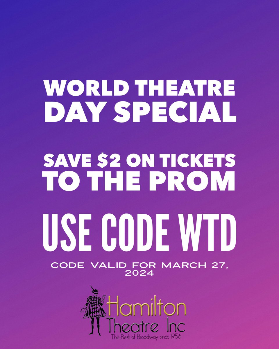 In honour of World Theatre Day, we’re offering a special discount code for our spring production THE PROM! Save $2 today when you use promo code WTD
Get your tickets at hamiltontheatre.com/tickets. Discount code is only valid for March 27, 2024. 

#HamOnt #HamArts #WordTheatreDay