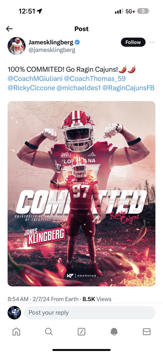 TXATHLLC's tweet photo. Congrats @jamesklingberg from @MemorialHSFoot1 on the commitment to @RaginCajunsFB. Go be great https://t.co/nPArzWq4rM