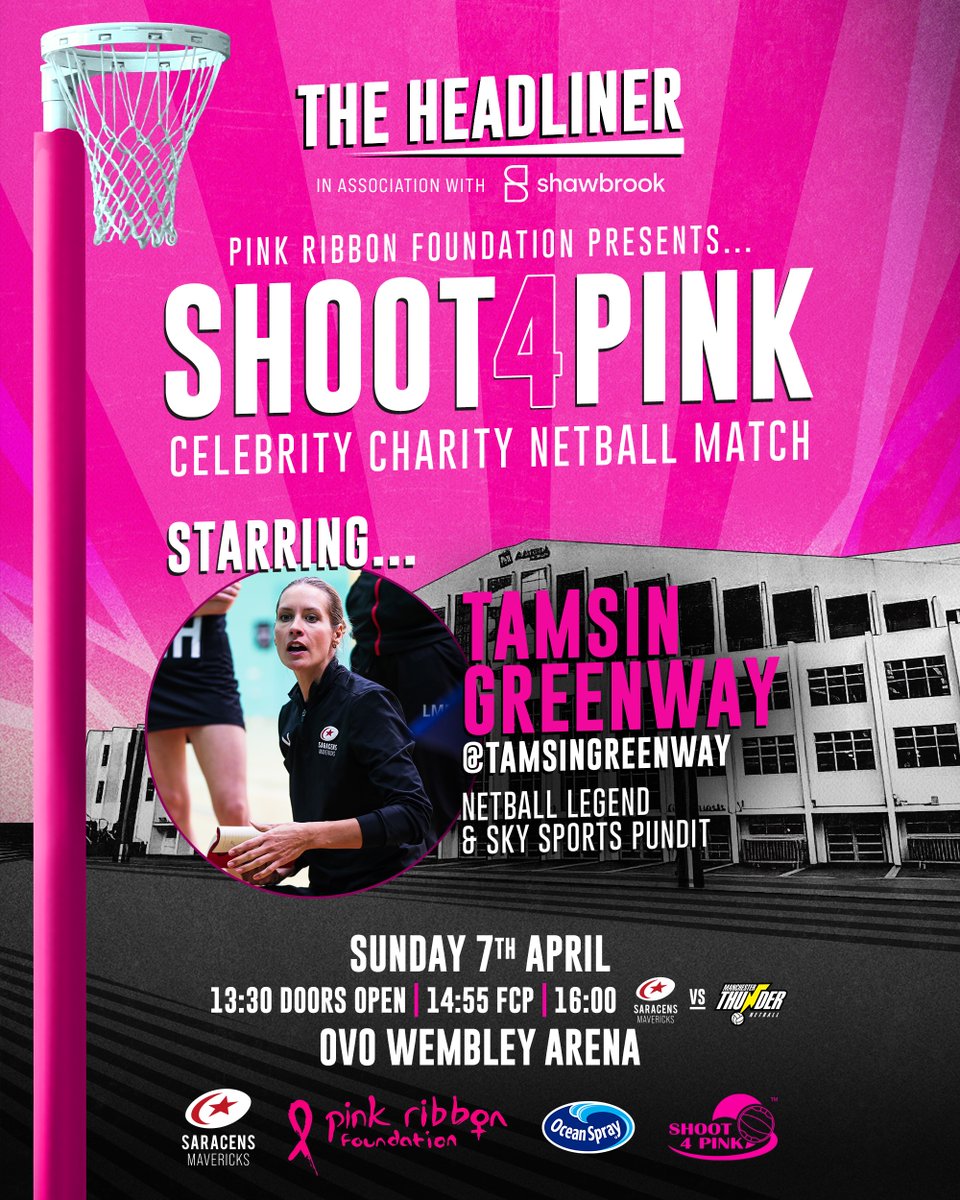 A netball legend is 🔙 on court! @tamsingreenway is confirmed as part of the @pinkribbonfound #Shoot4Pink match next Sunday at OVO Arena Wembley! 👊 See Tamsin in action from just £15. 👇 🎟️: bit.ly/46M699d #BeAMaverick🖤❤️