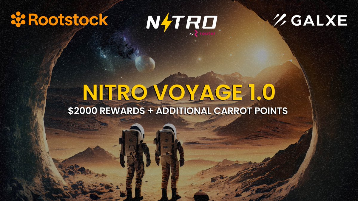 routerprotocol's tweet photo. 1/ Introducing Nitro Voyage 1.0! We're taking our Voyage campaigns to new heights with Router Nitro, in collaboration with @rootstock_io &amp; powered by @Galxe 🌉

Win from a pool of $2000 in rewards &amp; get extra carrot points airdropped!

Join the adventure: https://t.co/5TsOsr2vNK https://t.co/V0MjGQNFSn