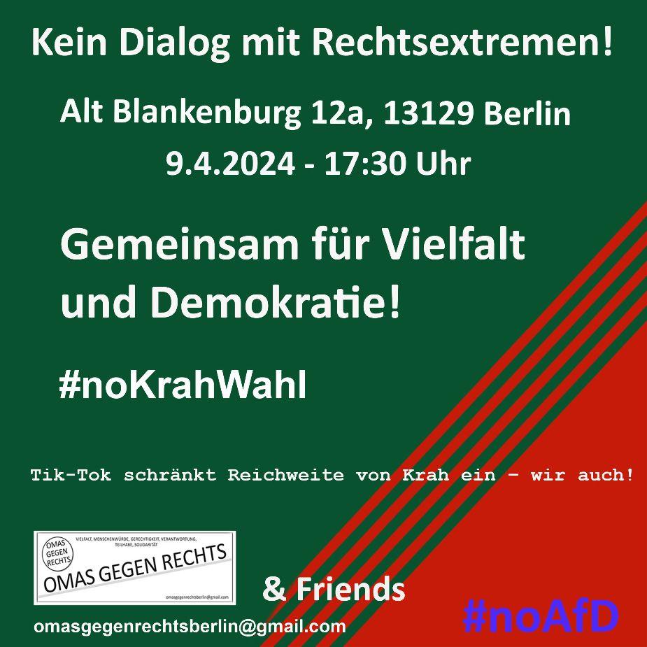 Die #Demos wirken‼️ Lasst uns weiter demonstrieren!

📢 Komm zur #Demo und 📢 verbreite sie:
"Kein Dialog mit Rechtsextremen!"

Zeit: 09.04.2024, 17:30 Uhr
Ort: #Alt-Blankenburg 12A, 13129 Berlin (#Berlin-Blankenburg, Braunes Haus)

Link: demokrateam.org/aktionen/kein-…
#LautGegenRechts
