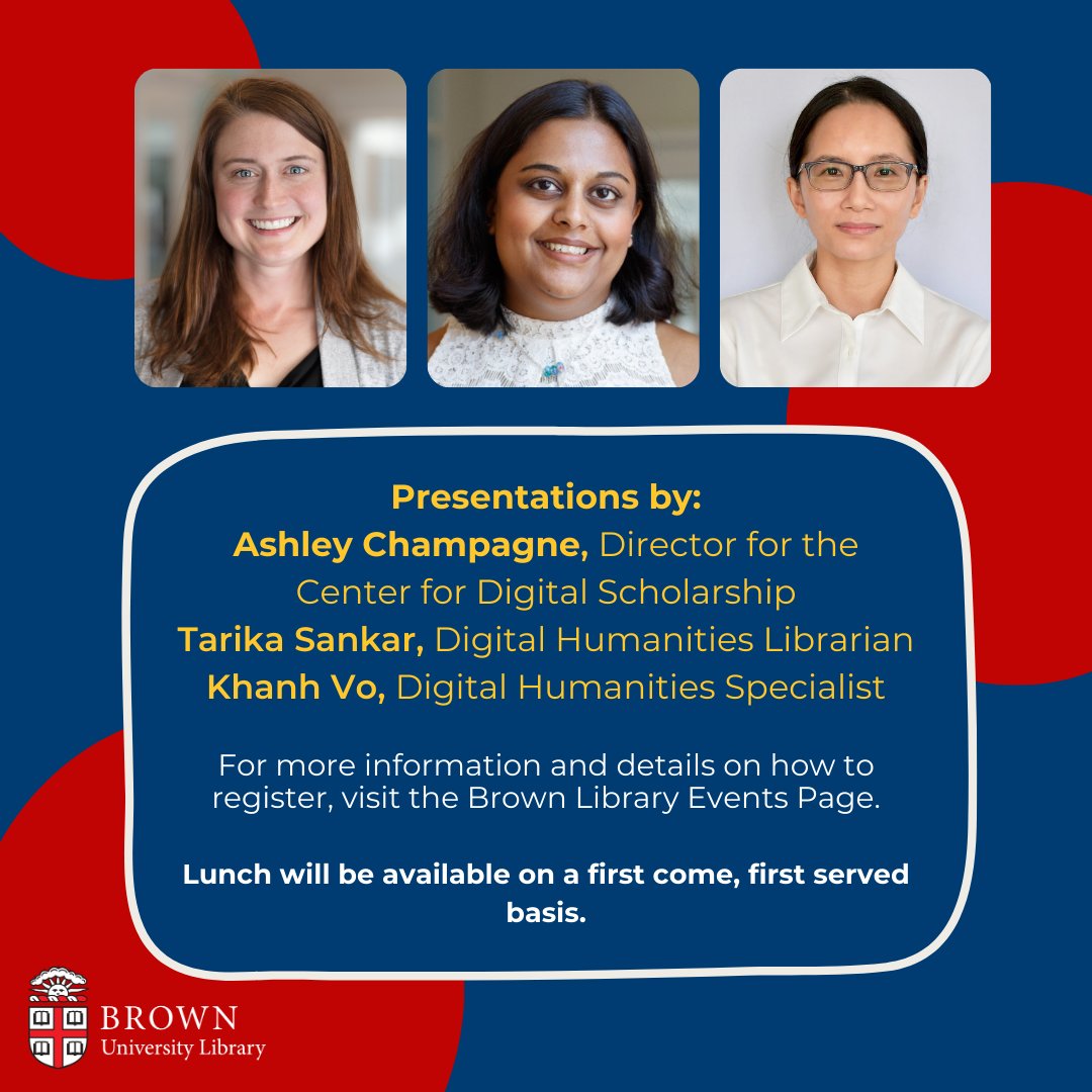brown_cds's tweet photo. Interested in a career in digital humanities? On Thursday, April 4th, join us at noon for the next Digital Humanities Salon on Careers in DH w/ @ashleymchamp, @tarikasankar, &amp; Khnah Vo. In-person  &amp; on Zoom. Reg: https://t.co/0HnV0VaNUp #digitalhumanities https://t.co/gUKzlRMjQK