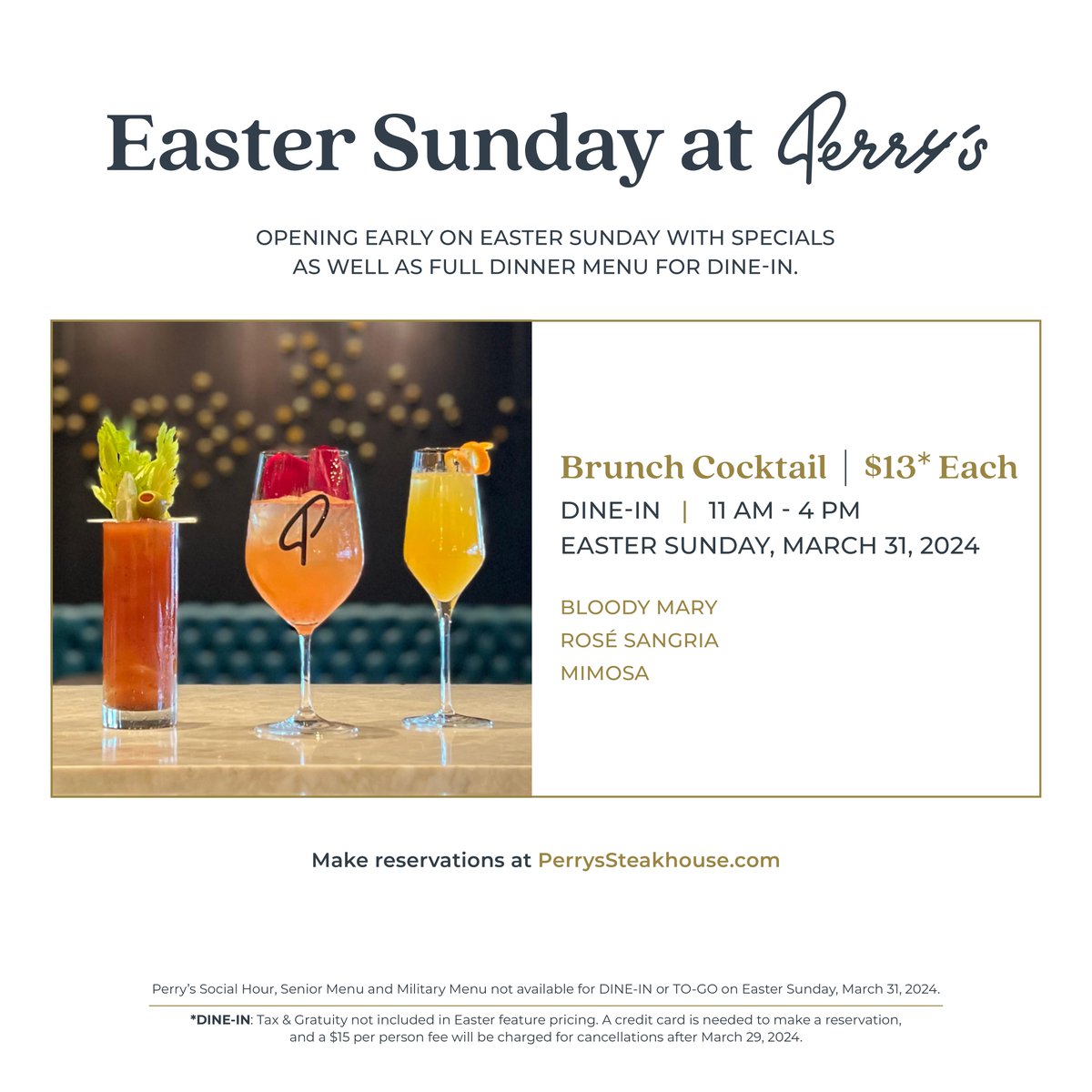 It’s not too late to plan your Easter feast at Perry’s!

Doors open at 11 am on Easter Sunday to savor Perry's Sliced, Double Smoked, Triple Glazed Ham, Full Dinner Menu, Pork Chop Sunday Supper, Brunch Cocktails, and more!

Make a reservation at:
perryssteakhouse.com/specials/easte…