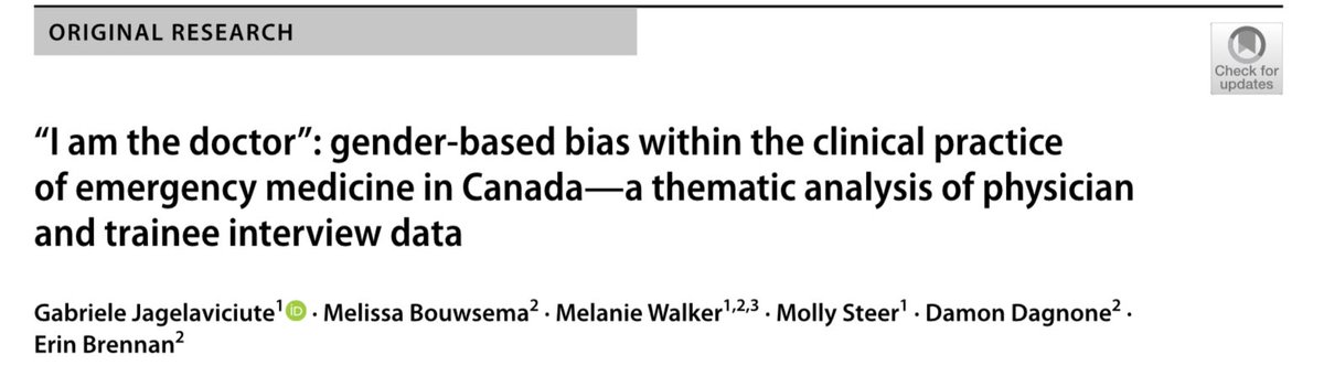 « Gender inequity in emergency medicine affects women-identifying providers at all levels of training across Canada » 🗣️ Great research from the team @qemresearch @Qemerg @gjagelav @mellybou11 @Damonjdd1 @MelWalker2019 @CJEMonline link.springer.com/epdf/10.1007/s…