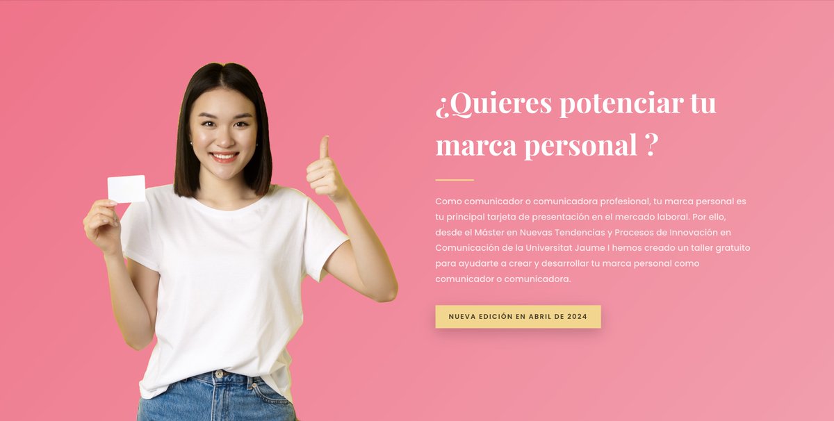 MasterComUJI's tweet image. 🙋‍♀️¿Quieres potenciar tu marca personal ?

🗓️ Del 10 al 24 de abril 👉🏼 Nueva edición del Curso de Marca Personal para comunicadores y comunicadoras

💻 Curso online y gratuito

ℹ️ Más info. y matrícula en ➡️ mastercomunicacion.uji.es/tallermarcaper…

@UJIuniversitat #SomUJI