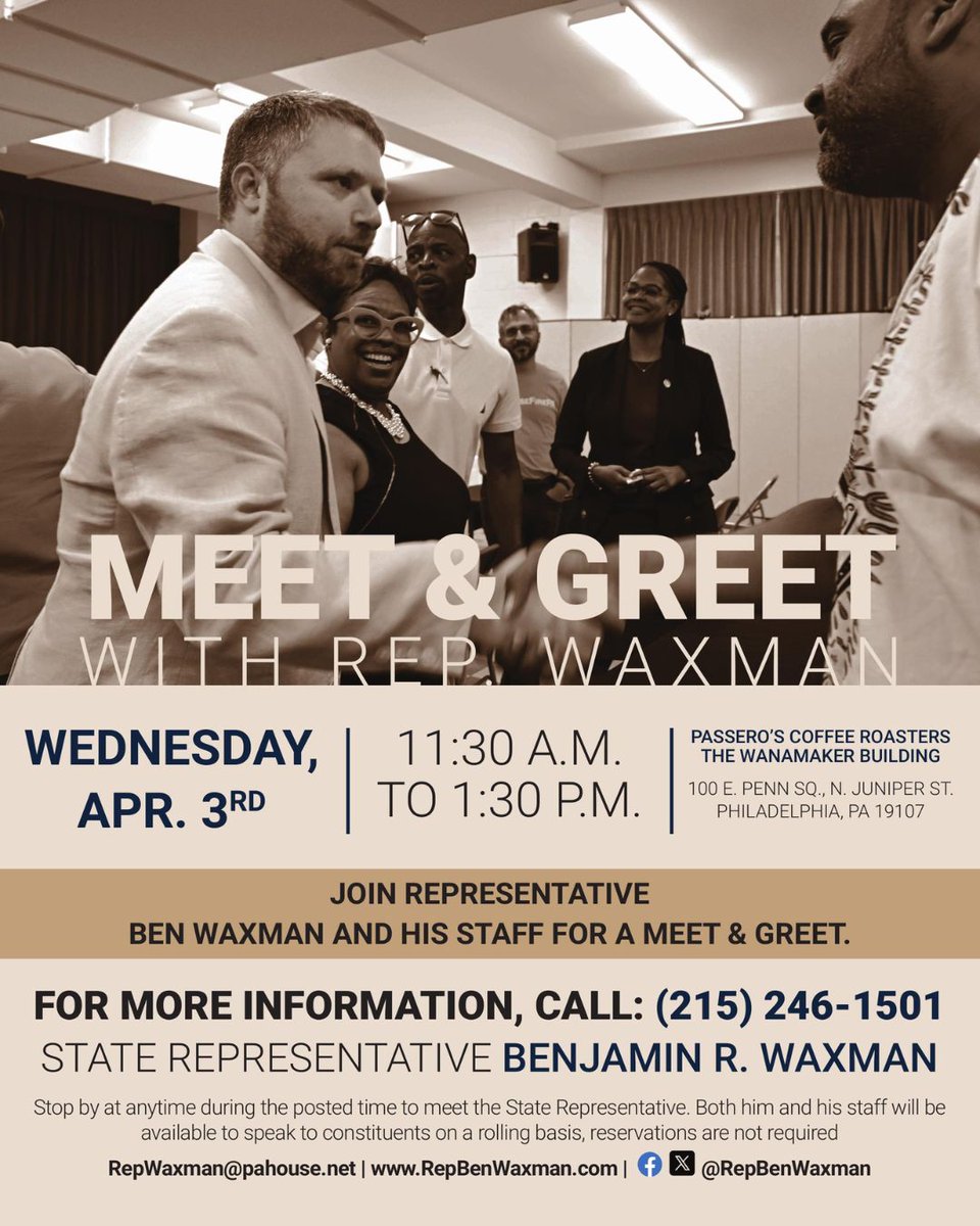 RepBenWaxman's tweet photo. Hello neighbors and friends! I am excited to speak with you all, and address any questions or concerns you may have related to State Government. 

Come grab a coffee and chat with me next Wednesday, April 3rd at Passero's Coffee Roasters! https://t.co/haBa7wkddc