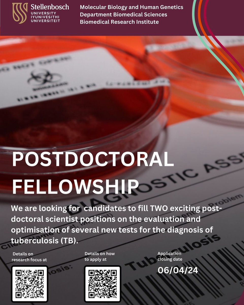 CLIME Research Group (@clime_group) on Twitter photo Join our group based <a href="/SuMBHG/">Division of Molecular Biology and Human Genetics</a> as a #Postdoctoral Scientist! ๐ Weโre seeking candidates with a #PhD in the last 5 years to optimize new #TB diagnostic tests.
For more details please visit our website using the QR codes or at encr.pw/WHSA Join our group based <a href="/SuMBHG/">Division of Molecular Biology and Human Genetics</a> as a #Postdoctoral Scientist! ๐ Weโre seeking candidates with a #PhD in the last 5 years to optimize new #TB diagnostic tests.
For more details please visit our website using the QR codes or at encr.pw/WHSA