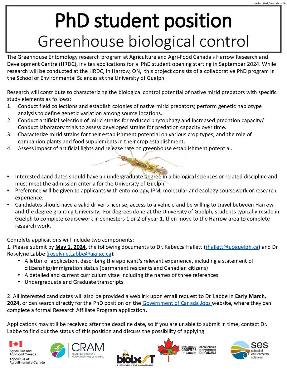 Dr. Roselyne Labbe and I are recruiting for two graduate student positions on research to characterize the biological control potential of native mirid predators. Please see details attached