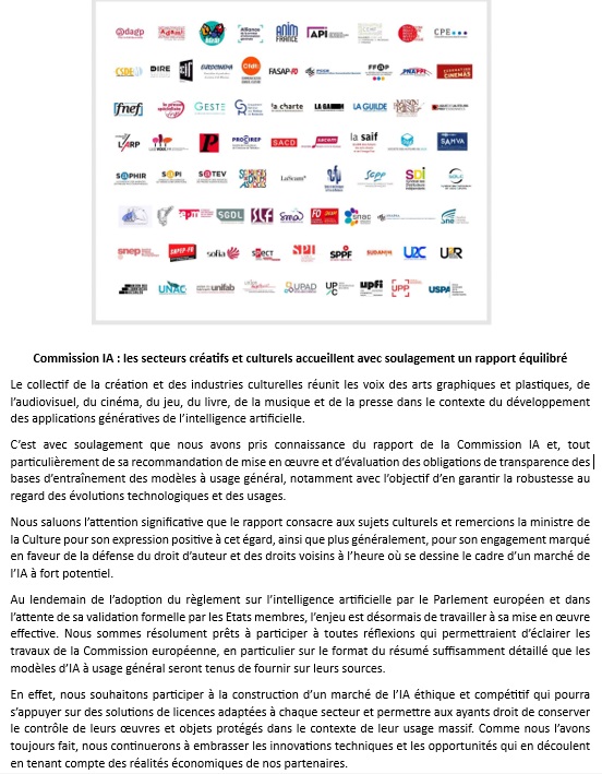 Commission #iA  : les secteurs créatifs et culturels accueillent avec soulagement un rapport équilibré
respectdudroitdauteur.fr