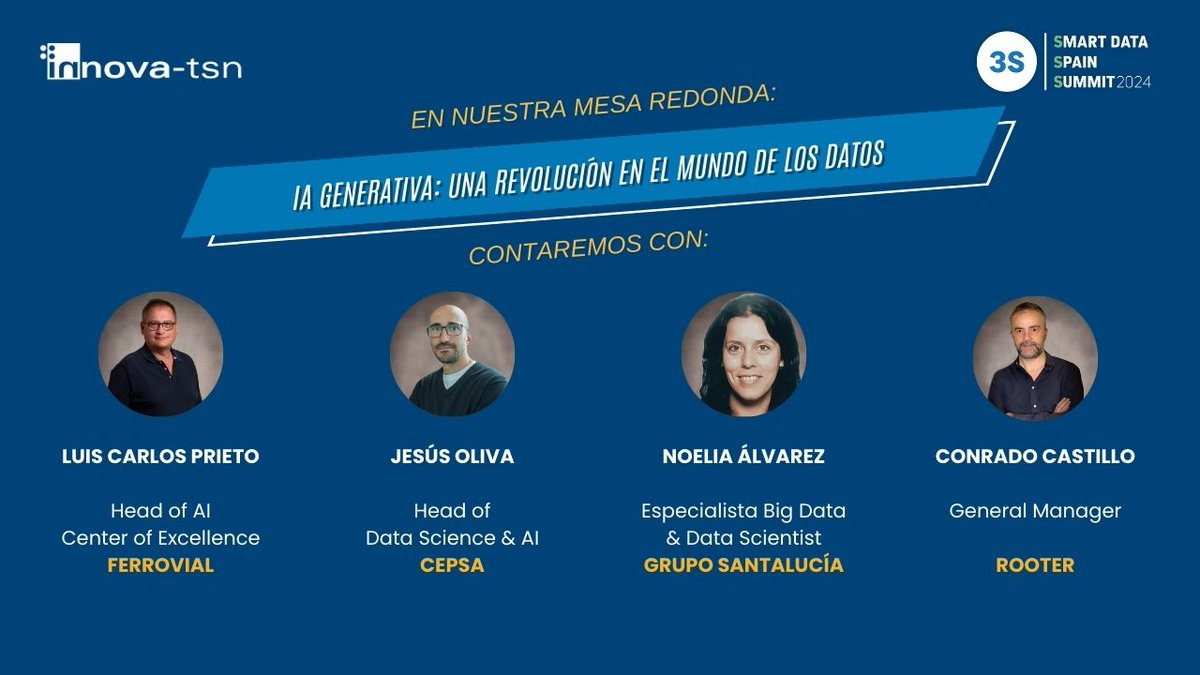 El próximo 🗓️ miércoles 3 de abril participaremos en el Smart Data Summit Madrid organizado por @ifaes  en 📍 Kinépolis (Madrid). 

A las 12:15h. tendremos nuestra 💻#MesaRedonda, 'IA GENERATIVA: Una revolución en el mundo de los datos'. 

¡Te esperamos!

 #3SMadrid24