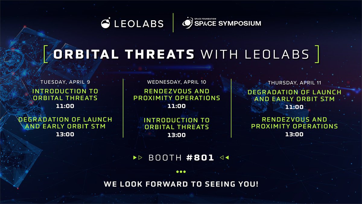 🗓️ Mark your calendars! We're delivering exclusive, 15-min talks on emerging orbital threats and #SpaceSecurity trends during #SpaceSymposium. Stop by our booth Tuesday - Thursday to catch these briefings and speak with our SDA experts.