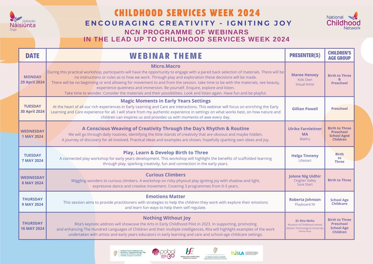 Please find NCN's programme of CPD Webinars available in the lead up to Childhood Services Week 2024.  

To view our schedule or to book: ncn.ie/events/

#CSW24