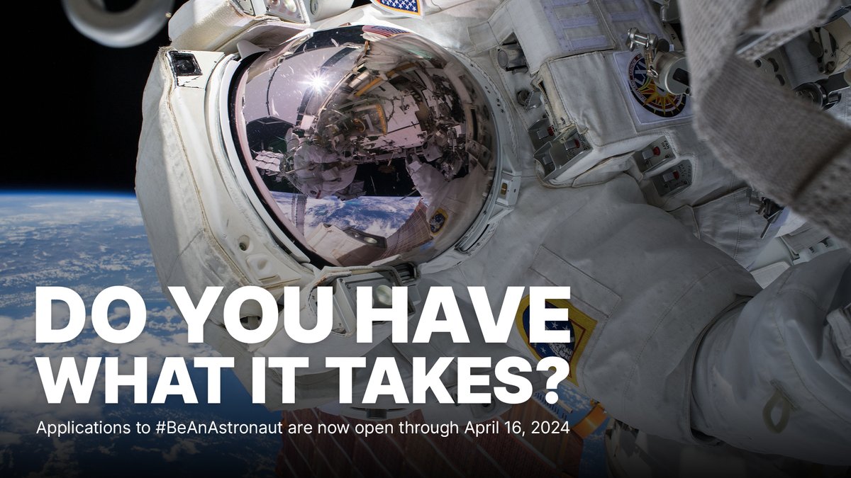 NASA's tweet photo. You still have time to #BeAnAstronaut!

Applications to become one of our @NASA_Astronauts are now open through Tuesday, April 16. Find out what it takes and learn how to apply: https://t.co/kIR2rmzurb https://t.co/HP5RjvJB0G