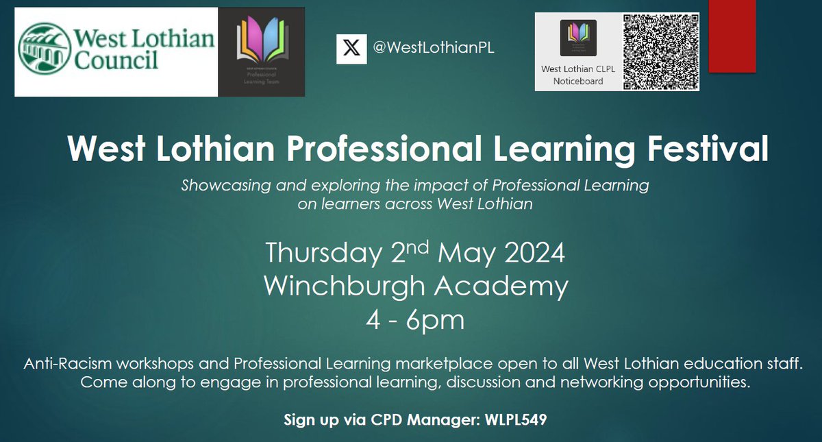 mairi_green's tweet photo. It's almost time for our West Lothian PL Festival! Looking forward to welcoming education staff to our event to showcase, network and engage in professional learning! @WestLothianPL @LoveWestLothian Sign up now open via CPD manager. #WLPL https://t.co/MsmlNUbJgf