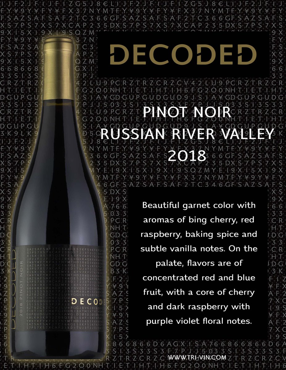 Here is a stunning Pinot Noir from the stunning region of Russian River Valley, California that is aged for 10 months in 40% new French oak. 
#decoded #russianrivervalley #russianriver #california #pinotnoir #pinot #newfrenchoak #frenchoak