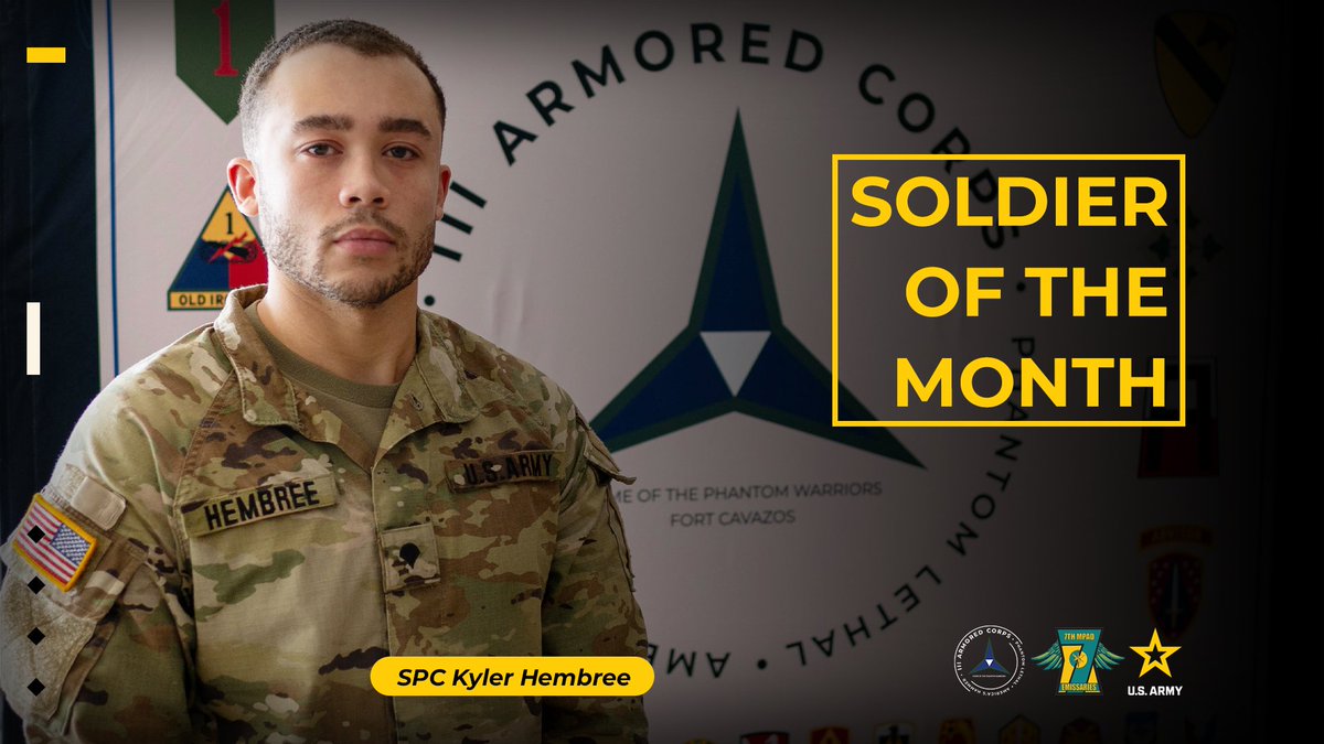 SOLDIER OF THE MONTH 🎖️🪖️🏆
III Armored Corps would like to congratulate SPC Kyler Hembree 7th Mobile Public Affairs Detachment on being selected as III Armored Corps Soldier of The Month.

#SOTM #SoldierofTheMonth #IIIAC #PhantomWarrior #PhantomLethal