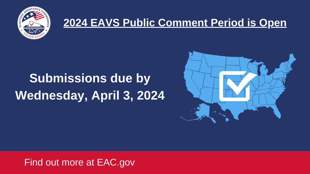 The opportunity to leave public comments and feedback on questions and improvements to @EACgov's Election Administration and Voting Survey (EAVS) is available until April 3. Submit them here: regulations.gov/document/EAC-2…