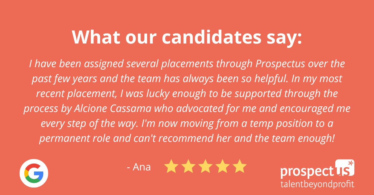 Thank you Ana for the 5 star review & congratulations to our team member, Alcione, for always being a passionate advocate for candidates. If you're looking for a new role in the charity & not-for-profit sector, get in touch & have a chat with our team: prospect-us.co.uk