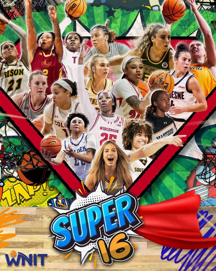 The Super 16 is set, and we've got some great matchups in store! @SouthernMissWBB v @ULM_WBB @DuqWBB v @PurdueWBB @RedbirdWBB v @BadgerWBB @ColgateWBB v @UVMwbb @SaintLouisWBB v @MastodonWBB @TroyTrojansWBB v @LadyAggieBall @NDSUwbb v @GopherWBB @SDCoyotesWBB v @wyo_wbb #WNIT