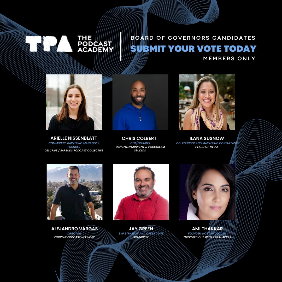 Hey TPA members! Don't miss your chance to make a difference! Cast your vote for the Board of Governors Candidates by March 29th. Vote now: podcastacademy.site-ym.com/general/custom… #thepodcastacademy #boardofgovernors #podcastindustry #theambies