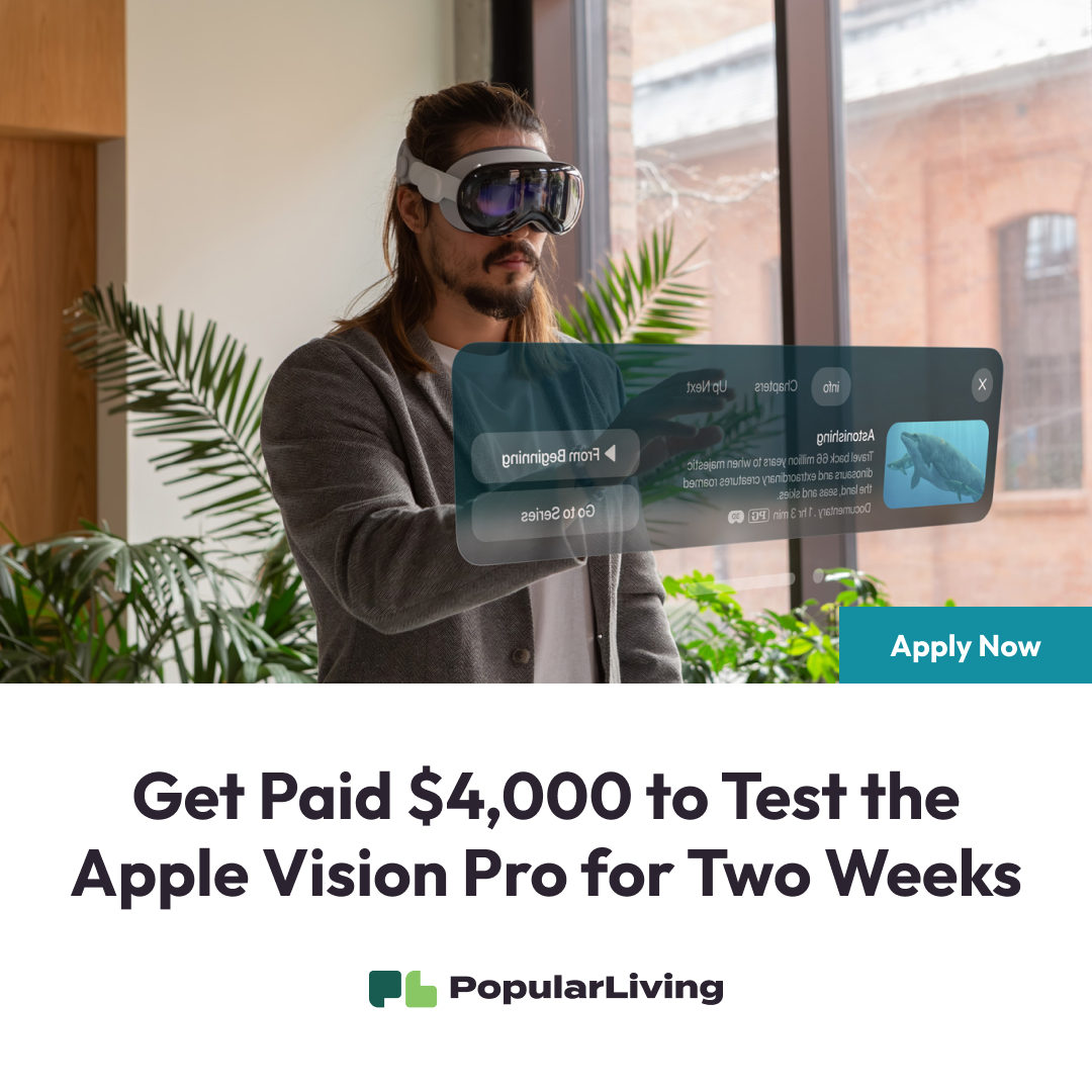 PopularLiving's tweet photo. Dream gig? Believe your eyes. We're on the hunt for a "Chief Apple Enthusiast" to test out the Apple Vision Pro for two weeks and document their experience. You'll earn $4,000 for the gig. Sound like you'd be a good fit? Click the link in bio to apply. https://t.co/1oHqfZvrT2 https://t.co/Ao9YNVEOw1