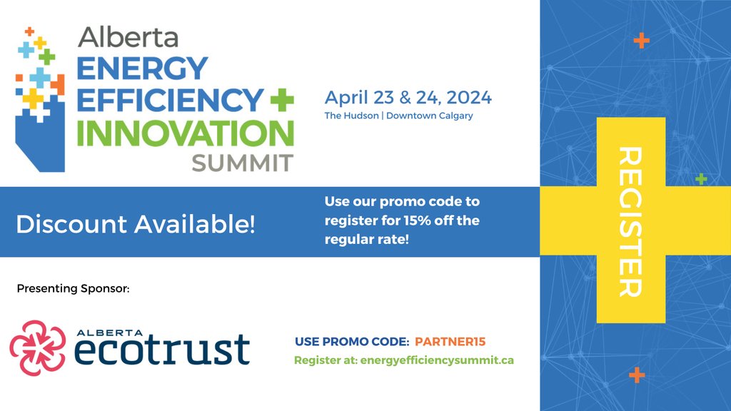 We're proud to be the Presenting Sponsor of this year’s Alberta Energy Efficiency + Innovation Summit. Join us April 23 & 24 in Calgary - register now at energyefficiencysummit.ca/register and receive 15% off the Regular Rate using the discount code PARTNER15.