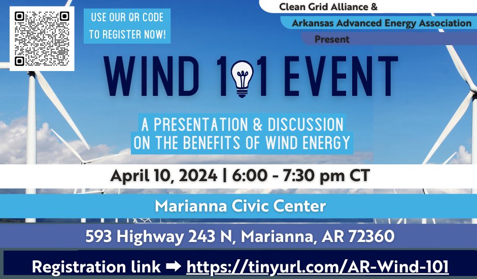 Join us & @ArkAdvEnergy 4/10 for a Wind 101 Event in Marianna, Arkansas! This event includes a presentation on #WindEnergy benefits in our communities and an audience Q&A! All are welcome to register & attend this free event! tinyurl.com/AR-Wind-101