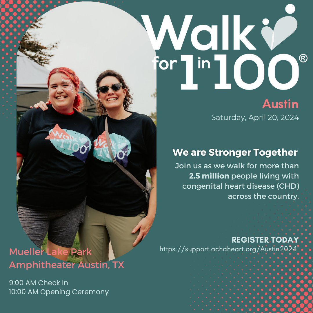 #Austin, get ready to make a difference next month! Lace up 👟and Join us for a walk to support our #CHD community and raise awareness for #1in100. Let's show our strength and solidarity in fighting for a cause close to our hearts. See you there! bit.ly/3TyBBnd