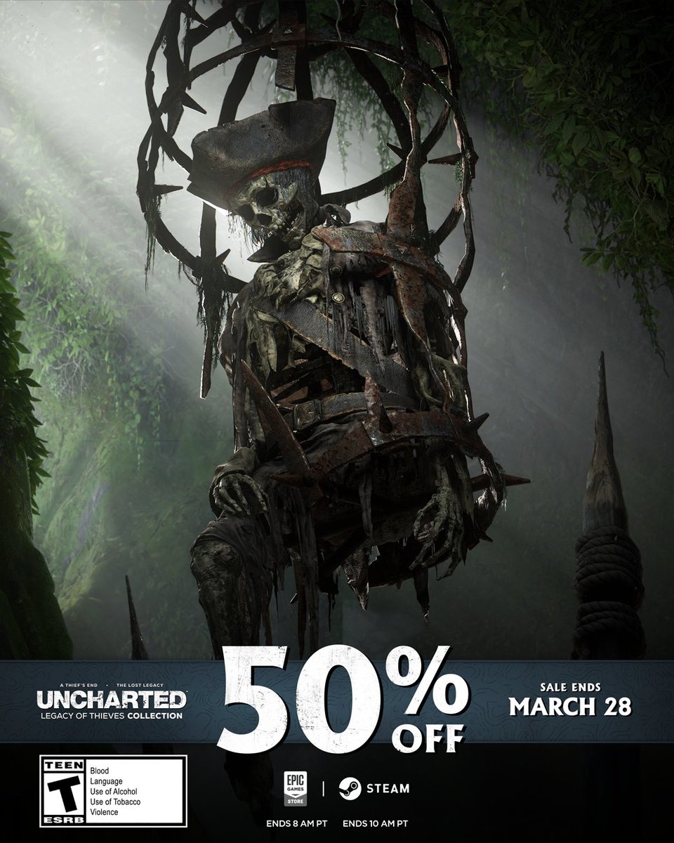 UNCHARTED: Legacy of Thieves Collection is 50% off on PC until March 28! This includes the critically acclaimed UNCHARTED 4: A Thief's End and UNCHARTED: The Lost Legacy. Steam: bit.ly/3TycyQ8 Epic Games Store:  bit.ly/3TyczDG