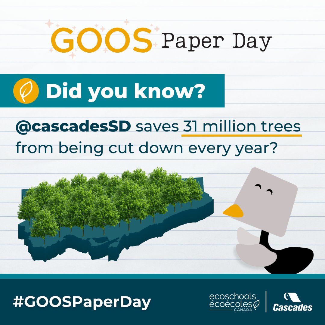 DYK @cascadesSD saves 31 million trees from being cut down every year? That’s enough to cover an area the size of the entire City of Toronto! 

Learn how you can help by reusing and recycling paper responsibly. ecoschools.ca/goospaperday/ #GOOSPaperDay