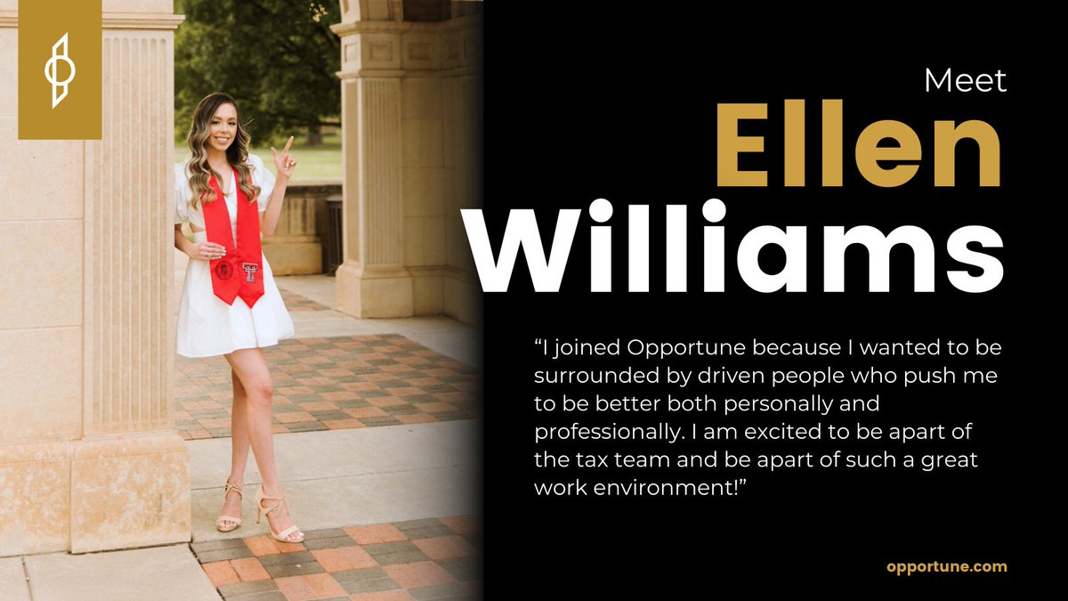 Meet Ellen Williams, our new consultant in the tax group in Houston! With a Bachelor of Business Administration and a Master of Science in Accounting from @TexasTech, Ellen brings a strong academic background and expertise to our team. #NewHire #Welcome #OpportuneCareers