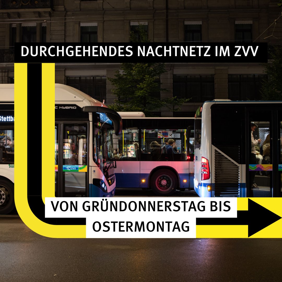 Nachtschwärmerinnen und Nachtschwärmer können im ZVV über die Osterfeiertage auf eine sichere Heimfahrt zählen. Ab Gründonnerstag bis Ostermontag ist das ZVV-Nachtnetz durchgehend in Betrieb. 🚍 🚆

#zvvgemeinsamvorwärts #zvvnachtnetz #zvvapp