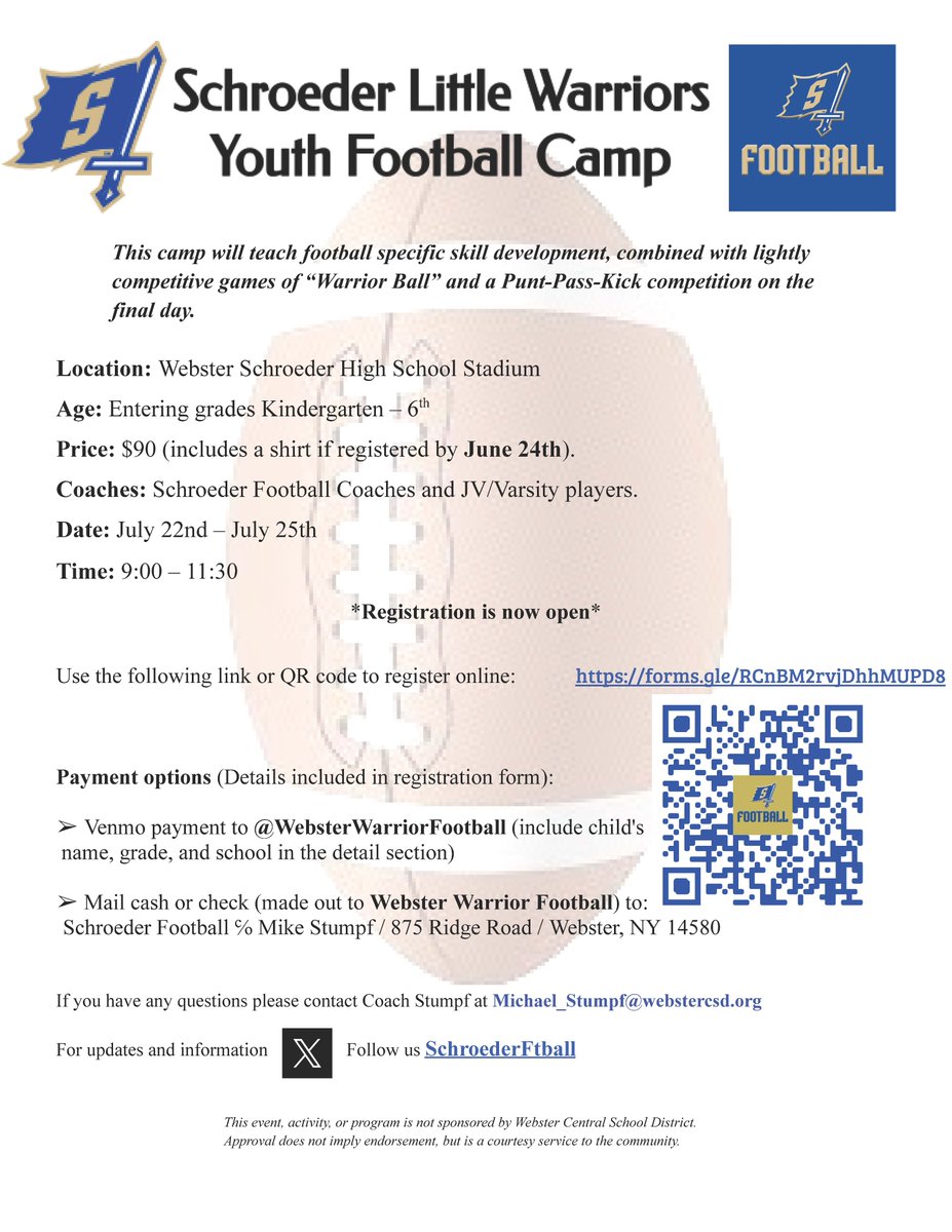 📢Schroeder Youth🏈Camp is back for the summer‼️ For ANY and ALL students entering K-6th next school year‼️ Dates and other info on flyer...parents get them ready for the Fall season‼️ @SpryMSWarriors @KlemSouth @PlankNorthPride @StateRdWCSD #WeAreWarr1ors 💙💛⚔️🏈