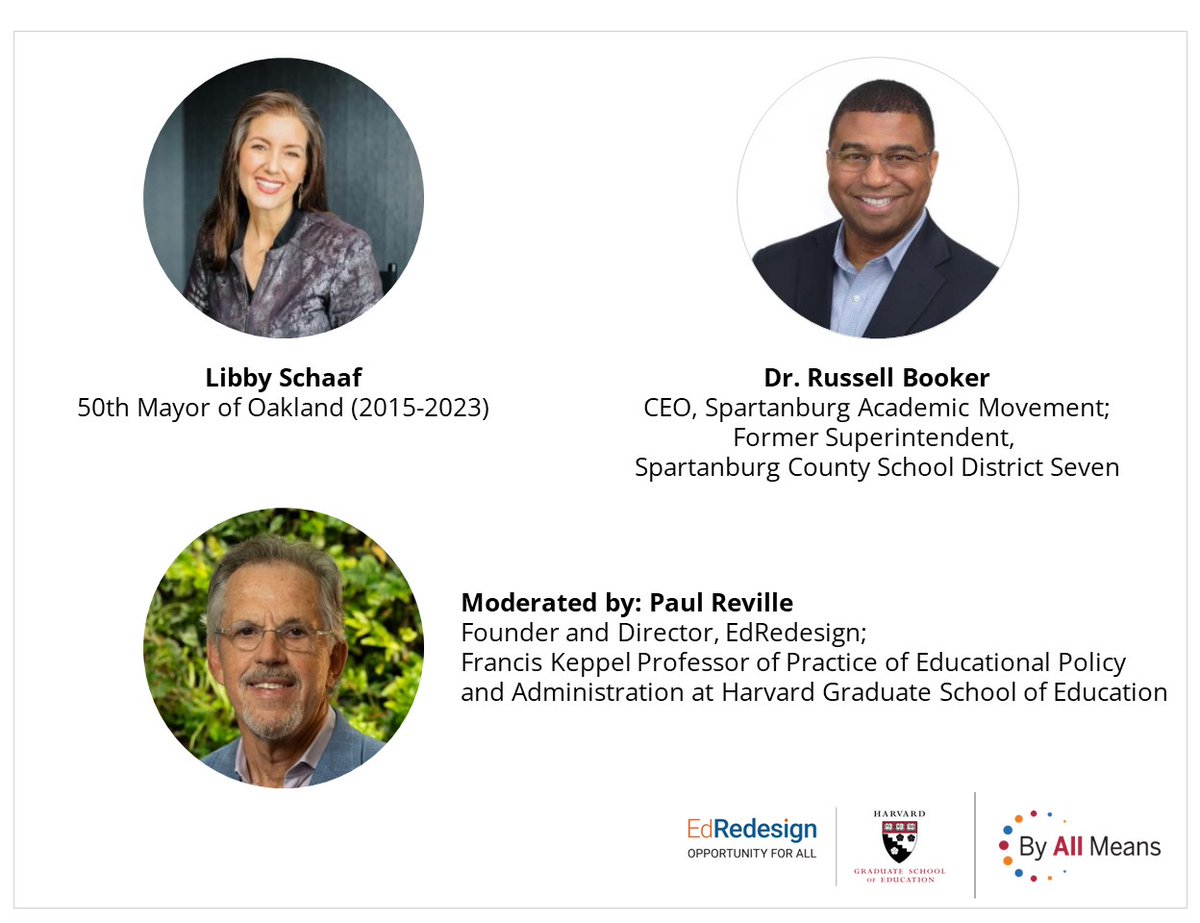 What is the role of cities and schools in advancing #cradletocareer solutions for young people and families? Join us 4/3 for our By All Means Senior Fellows Cross-Sector Leadership Series featuring @RwbookerRussel & @LibbySchaaf. Register: bit.ly/43yVVbn @harvard @hgse