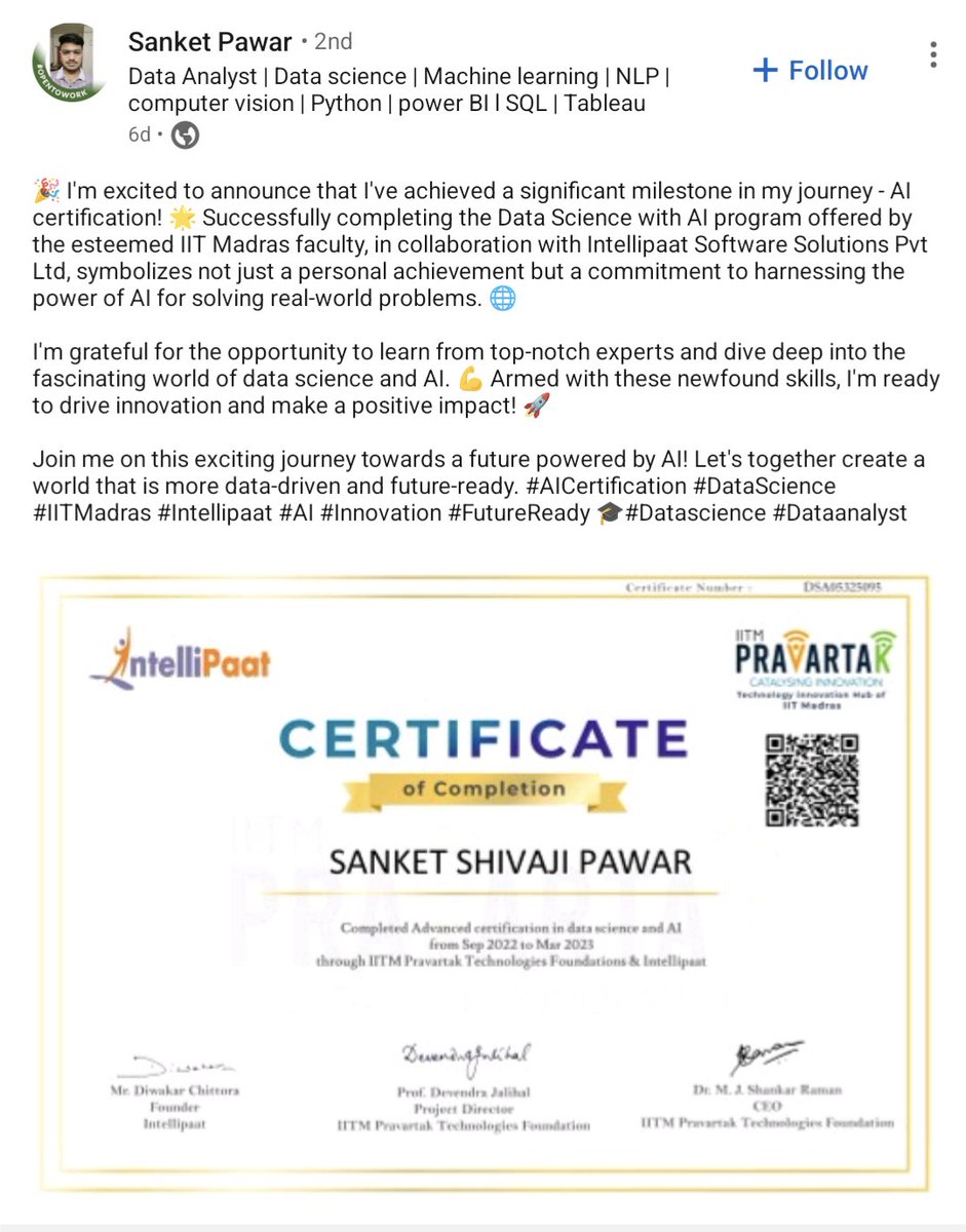 Intellipaat's tweet photo. We are thrilled to receive this amazing review by Sanket Pawar on Linkedin! Thanks for sharing your experience with us and for being a valued member of our community.
.
#Certified  #Success #Upskill #Course #CustomerReview #Jobs #Trending #IntelligentLessonInside #Intellipaat https://t.co/c1IMJlOe4r