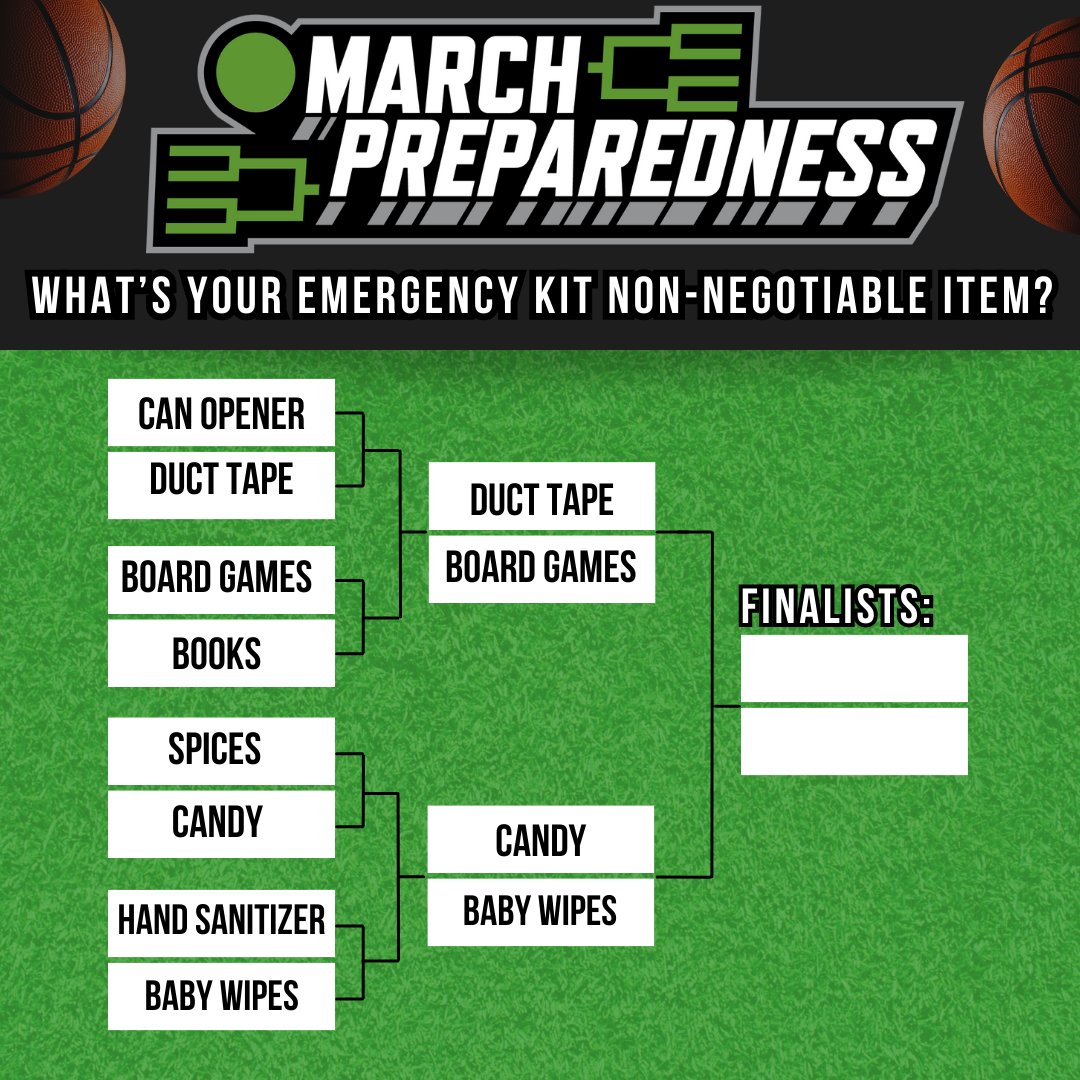 We're mad about #MarchPreparedness! 🤪

It's time to choose your semifinalists. Which “extra” emergency kit items are your non-negotiables?

Vote on our Instagram story now! 👉 instagram.com/readygov

#MarchMadness