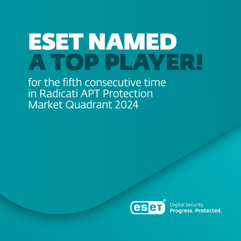 ESET's tweet photo. For the 5th consecutive year, ESET is recognized as a Top Player in Radicati's APT Protection Market Quadrant. Our advanced security solutions and strategic vision ensure comprehensive protection against evolving cyber threats.

#ESET #ProgressProtected