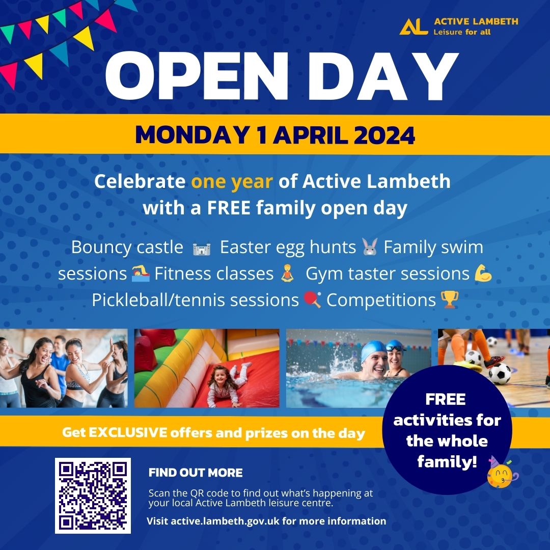 Celebrate the one year anniversary of Active Lambeth 🥳 at our family open day on Monday, April 1, 2024 🎈 Find FREE activities: bouncy castle 🏰 Easter egg hunts 🐰 family swims 🏊‍♀️ workout classes 🧘‍♀️ gym tryouts 💪 Check out all the details 👉 orlo.uk/active-lambeth…