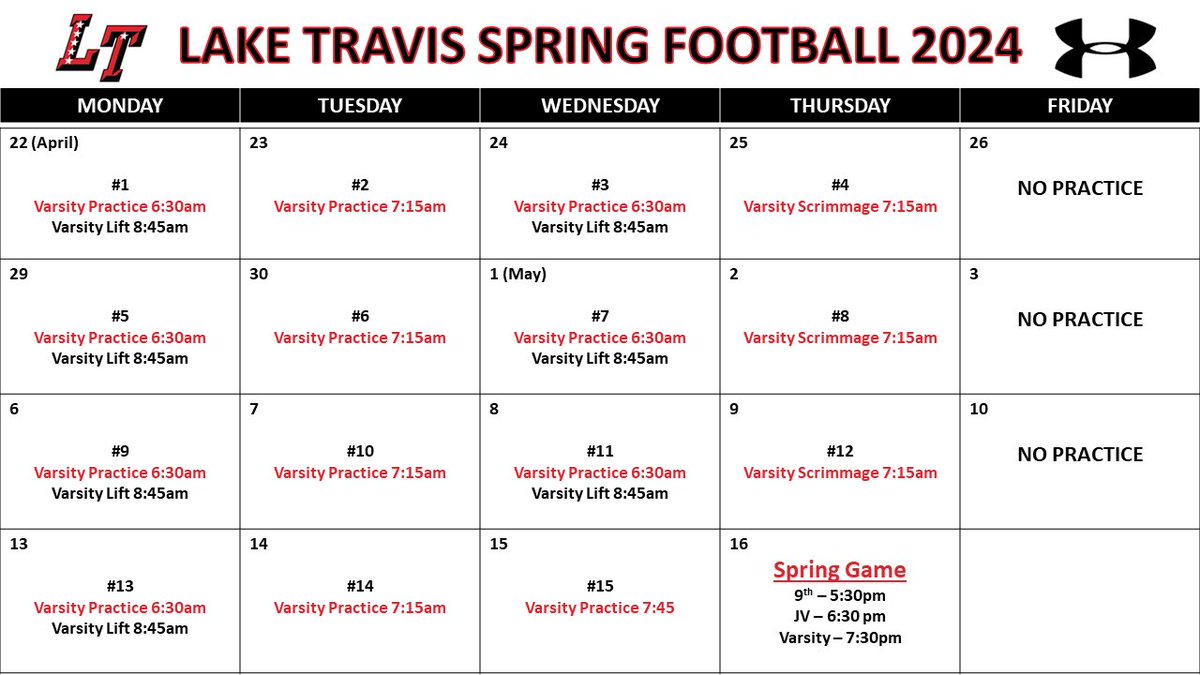 Lake Travis Football Spring Ball Calendar ⚫️🔴⚔️!!!
