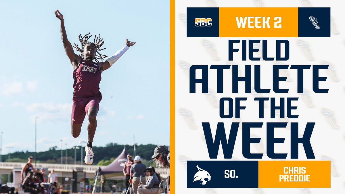 SunBelt's tweet photo. 𝗟𝗔𝗨𝗡𝗖𝗛𝗜𝗡𝗚 𝗙𝗢𝗥𝗪𝗔𝗥𝗗.

@TXStateTrack’s Chris Preddie won both the triple and long jump with marks that rank seventh and fifteenth nationally to earn #SunBeltTF Men’s Outdoor Field Athlete of the Week honors. ☀️👟

📰 » https://t.co/C8nh8rssIE https://t.co/xXBQBtMx7H