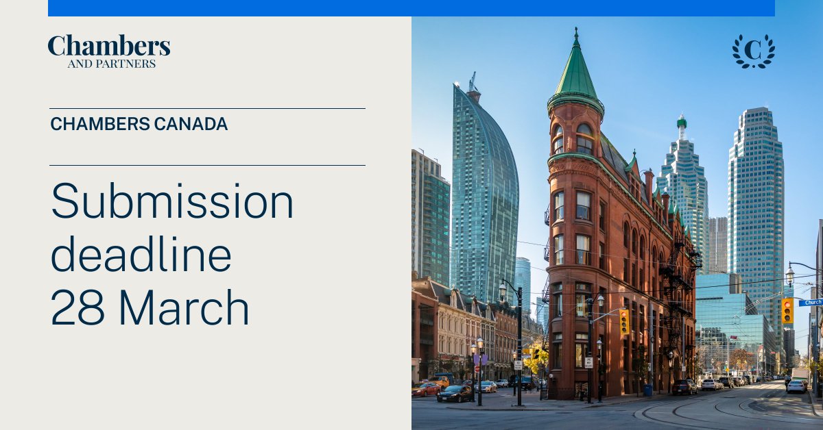 We would like to remind #lawyers and #lawfirms looking to submit for a ranking in the #ChambersCanada 2025 guide, that the final submission deadline is tomorrow, 28 March. To see the list of the practice areas included in this deadline, click here: d7ys.short.gy/GX8n4H