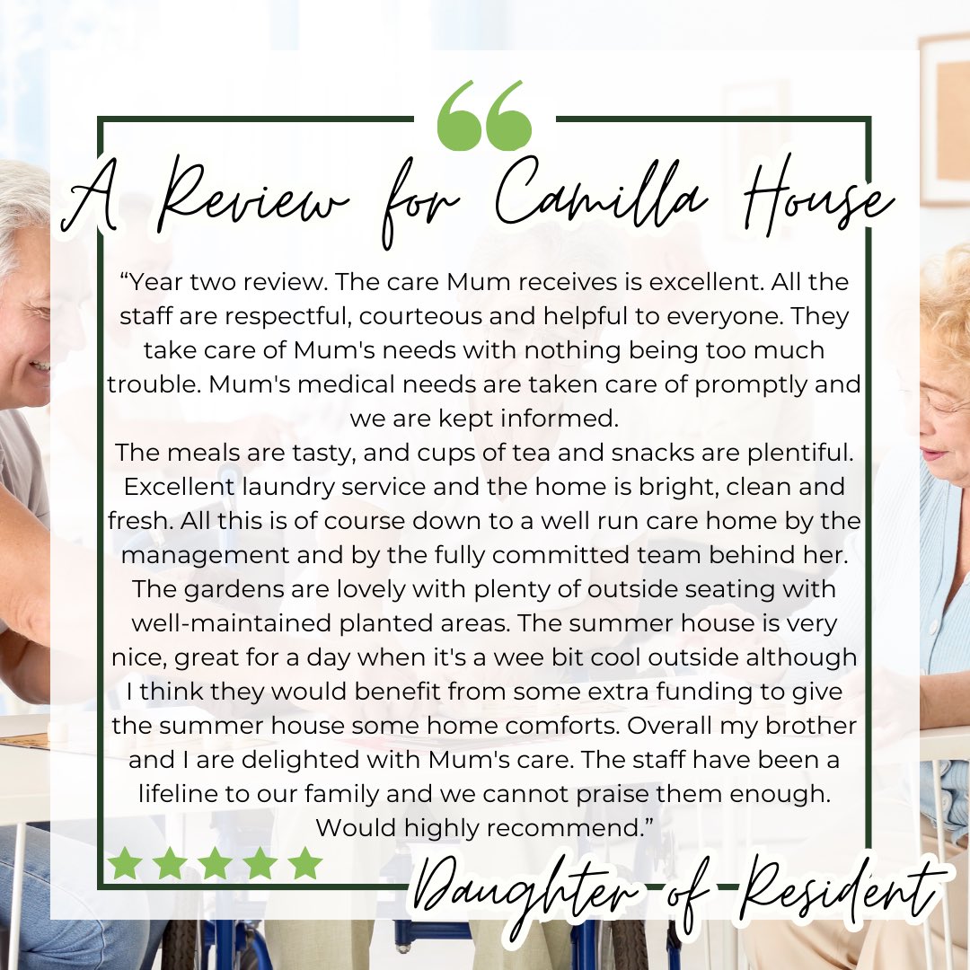 🌟🌟🌟🌟🌟 A five-star review for Camilla House! Thank you very much for your kind words; we really appreciate everyone who has taken the time to write a review about a Holmes Care service. 🎉 For more information about Camilla House: holmes-care.co.uk/our-care-homes… #carehomesuk