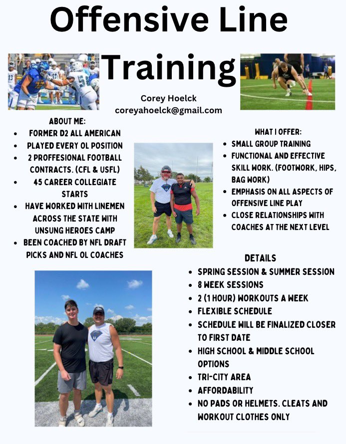 ‼️Offensive Linemen‼️
Come train with me this spring and summer! I will be doing small group &amp; 1 on 1 offensive line training for all high school and middle school linemen in the Tri-City area! Check the poster below for more information. Email me or DM for sign up. More info⬇️⬇️