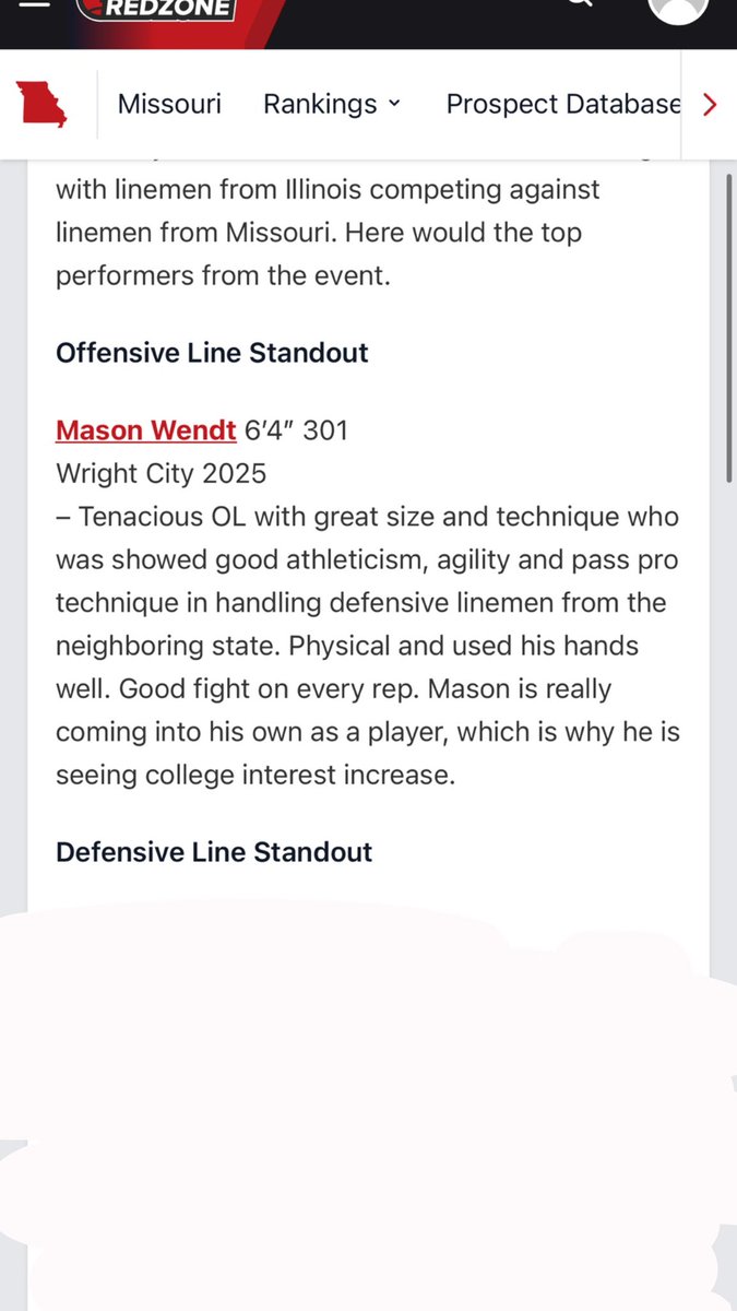 Big thanks for @JPRockMO and @PrepRedzoneMO for the write up! I had a great time competing against the top lineman in the midwest! @BOOMfootball @elitefootball @WrightCityFB @jcurtisdefense