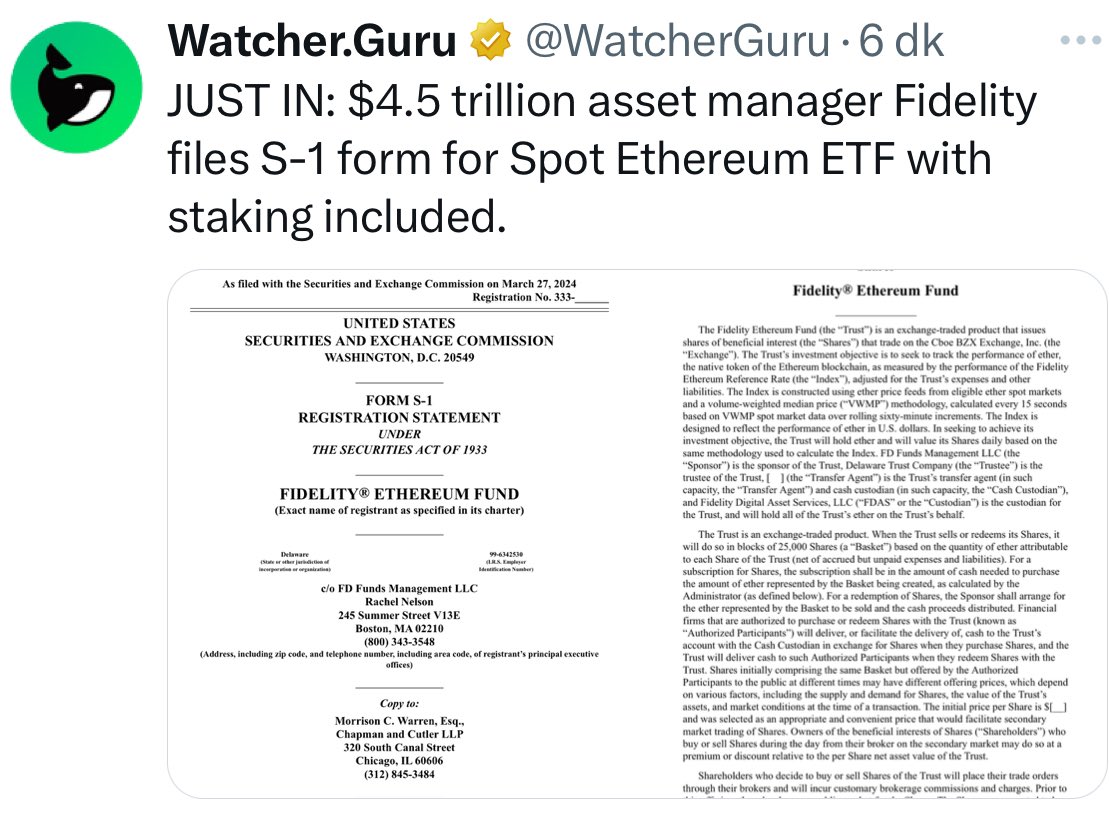 Wall Street staking getirisini keşfediyor Diğer isimlerin de ETH ETF için başvurularını bu minvalde yapacaklarını/düzenleyeceklerini düşünüyorum Zira varlık yöneticisi gözüyle ; Sabit getirili fon > sabit getirisi olmayan fon