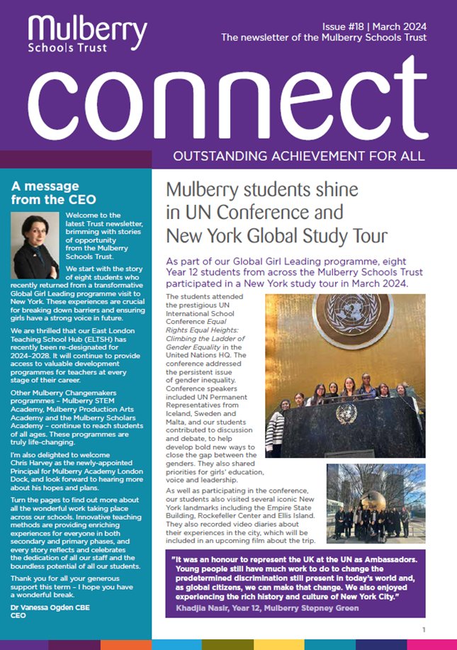 📢Connect #18 is out now! 

This issue of our @MulberryTH Trust spring newsletter covers the #GlobalGirlLeading New York Study Tour; updates on our Mulberry Changemakers Programmes, our new @MulberryDock Principal & other inspiring stories!

More here 👉 bit.ly/3TumSbI